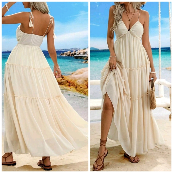 Dresses & Skirts - New Boho Tassel Tie Ruched Cami Tiered Maxi Dress Cream Ivory Beige